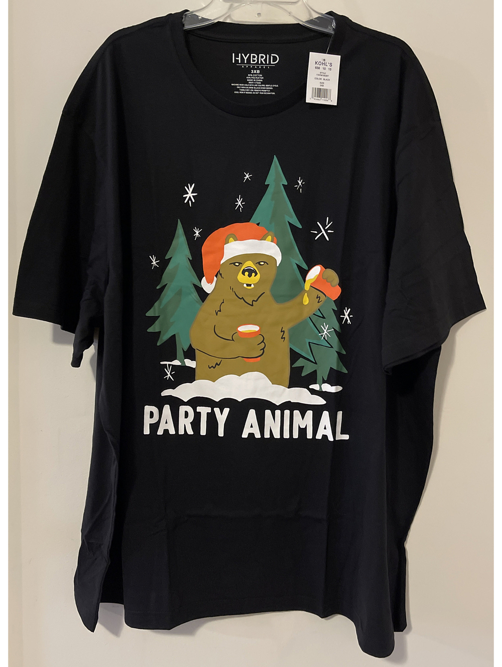 Hybrid Mens 3xb Black “Party Animal” Seasonal Christmas Cotton Tshirt NWT! A7143
